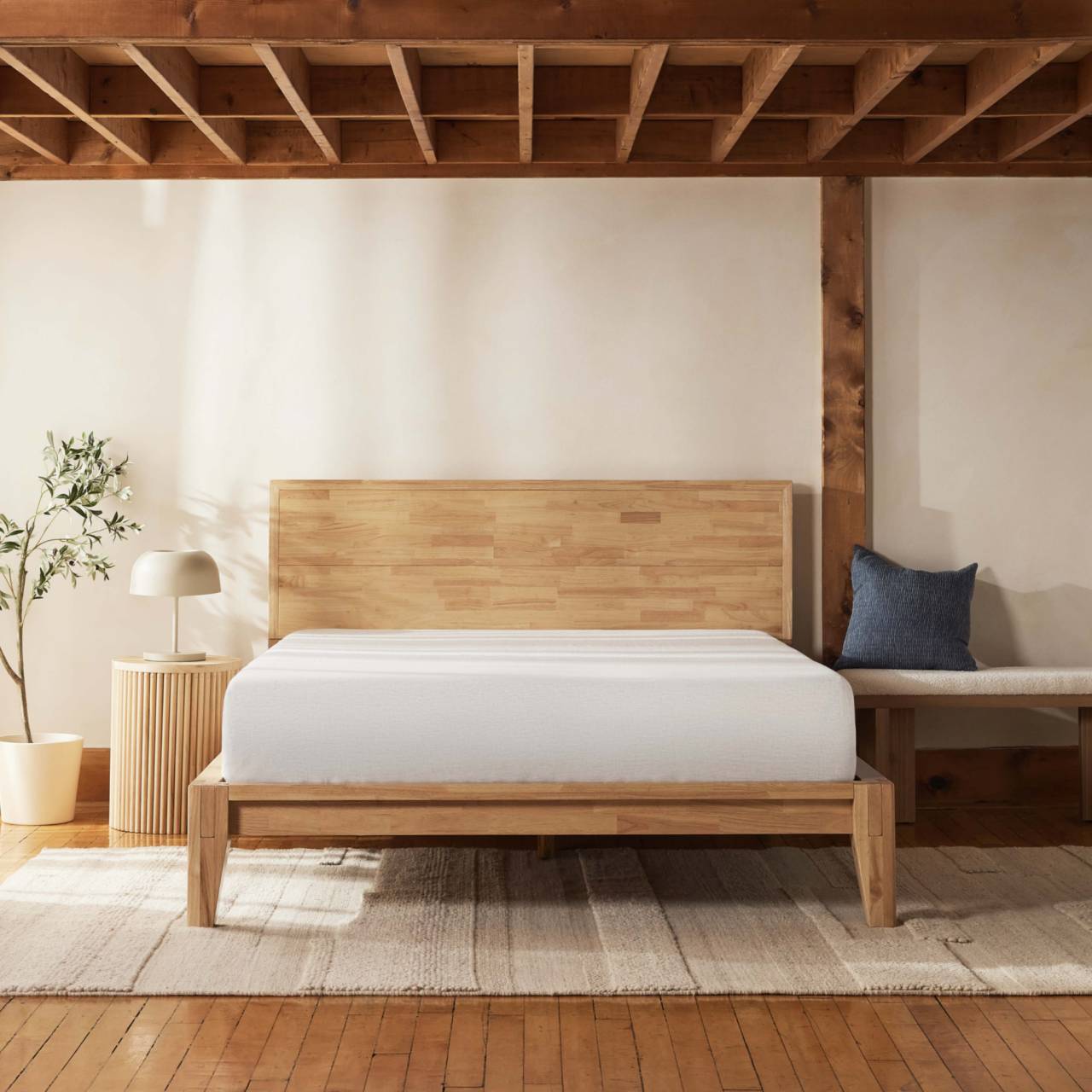 Wooden Bed Frame with Headboard - Natural Rubberwood, Queen